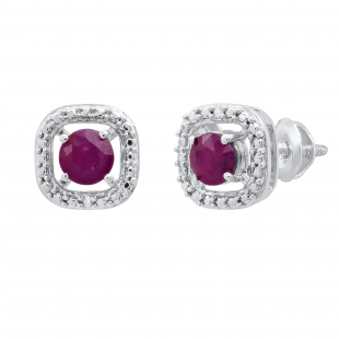 4 mm Round Ruby & White Diamond Ladies Cushion Shape Stud Earrings Sterling Silver