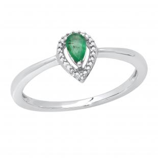 5X3 mm Pear Emerald & Round White Diamond Ladies Bridal Halo Style Engagement Ring Sterling Silver
