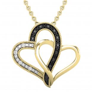 0.04 Carat (ctw) Round Black & White Diamond Ladies Double Heart Pendant 18K Yellow Gold