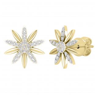 0.16 Carat (ctw) Round White Diamond Ladies Flower Shape Stud Earrings 18K Yellow Gold