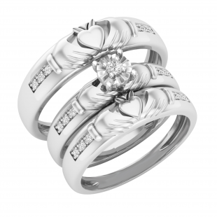 0.15 Carat (ctw) Round Diamond Men's & Women's Claddagh Engagement Ring Trio Set 10K White Gold