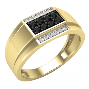0.40 Carat (ctw) Round Black & White Diamond Mens Rectangle Shape Cluster Ring 10K Yellow Gold