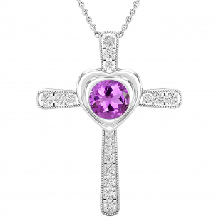 8 mm Round Amethyst & With Natural White Diamond Ladies Heart Cross Pendant, 18K White Gold
