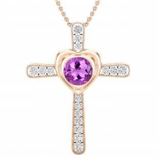 8 mm Round Amethyst & With Natural White Diamond Ladies Heart Cross Pendant, 18K Rose Gold