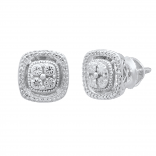 Ladies Cluster Beaded Style Cushion Frame Stud Earrings, Sterling Silver