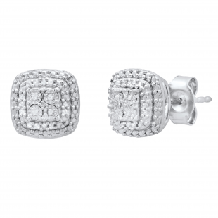0.10 Carat (ctw) Round Diamond Ladies Double Cushion Frame Stud Earrings 1/10 CT Sterling Silver