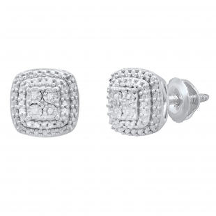 0.10 Carat (ctw) Round Diamond Ladies Double Cushion Frame Stud Earrings 1/10 CT Sterling Silver