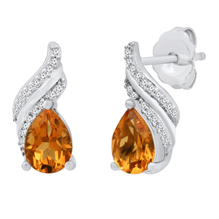 7X5 mm Pear Citrine Ladies Swirl Stud Earrings with Diamond Accents Sterling Silver