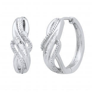 0.10 Carat (ctw) Round & Baguette White Diamond Ladies Swirl Hoop Earrings 1/10 CT Sterling Silver