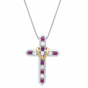 Round Ruby & White Sapphire Ladies Heart And Cross Pendant, Yellow Gold Plated Sterling Silver