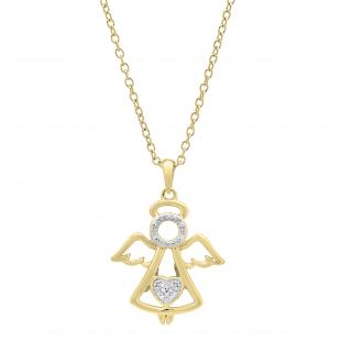 0.03 Carat (ctw) Round White Diamond Ladies Heart Guardian Angel Pendant 10K Yellow Gold
