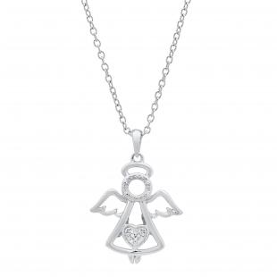 0.03 Carat (ctw) Round White Diamond Ladies Heart Guardian Angel Pendant Sterling Silver