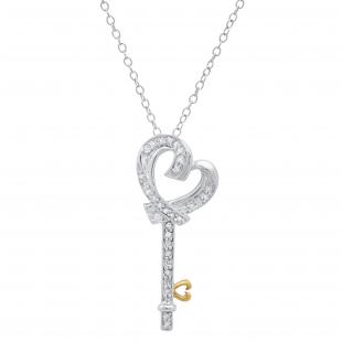 0.10 Carat (ctw) Round Diamond Ladies Heart Key Pendant 1/10 CT Yellow Gold Plated Sterling Silver
