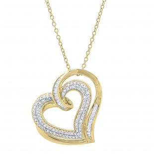 0.50 Carat (ctw) Round & Baguette White Diamond Ladies Double Heart Pendant 1/2 CT 18K Yellow Gold