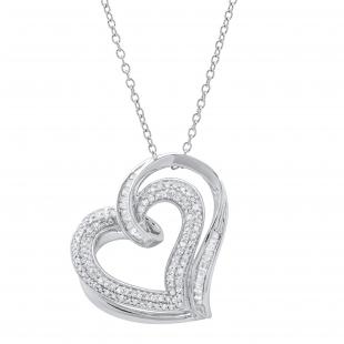 0.50 Carat (ctw) Round & Baguette White Diamond Ladies Double Heart Pendant 1/2 CT Sterling Silver