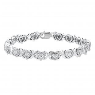 0.02 Carat (ctw) Round White Diamond Ladies Heart Link Bracelet Sterling Silver