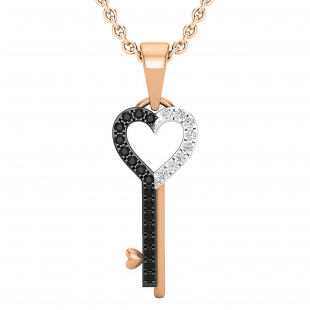 0.15 Carat (ctw) Round Black & White Diamond Ladies Heart Key Pendant, 10K Rose Gold