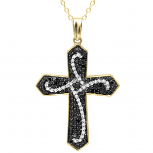 0.60 Carat (ctw) Round Black & White Diamond Mens Ladies Unisex Cross Pendant, 18K Yellow Gold
