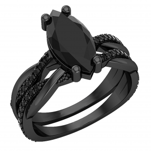 2.30 Carat (ctw) Marquise & Round Black Diamond Bridal Ring Set, Black Plated 18K White Gold