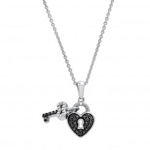 0.15 Carat (ctw) Round Black & White Diamond Ladies Heart Lock & Key Pendant Sterling Silver