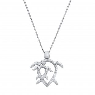 0.11 Carat (ctw) Round White Diamond Mother and Baby Turtle Pendant Sterling Silver