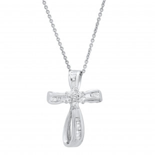 0.25 Carat (ctw) Round & Baguette White Diamond Ladies Looping Cross Pendant 1/4 CT Sterling Silver