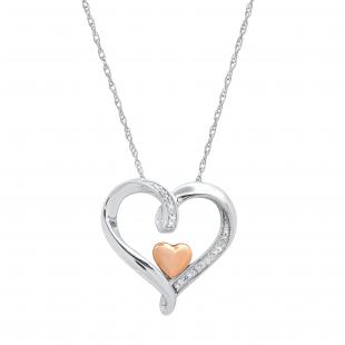 0.05 Carat (ctw) Round White Diamond Ladies Double Heart Pendant Rose Gold Plated Sterling Silver