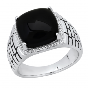 13X13 mm Cushion Cabochon Onyx & Round White Diamond Mens Anniversary Wedding Band Sterling Silver