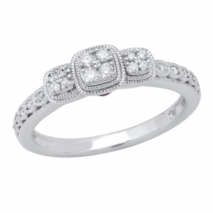 Round Amethyst & White Diamond Ladies Three Cluster Engagement Ring Sterling Silver