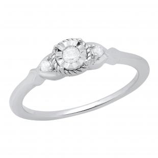 0.10 Carat (ctw) Round White Diamond Ladies Three Stone Engagement Ring 1/10 CT Sterling Silver