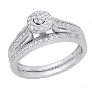 0.13 Carat (ctw) Round White Diamond Ladies Cluster Style Engagement Ring Set Sterling Silver