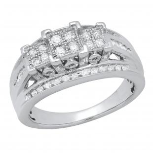 0.50 Carat (ctw) Round & Baguette White Diamond Ladies Engagement Ring 1/2 CT Sterling Silver