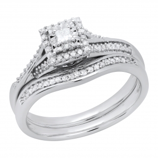 0.25 Carat (ctw) Princess & Round White Diamond Bridal Engagement Ring Set 1/4 CT Sterling Silver