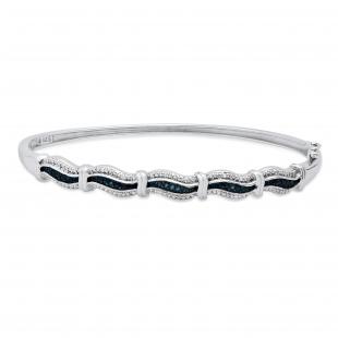 0.10 Carat (ctw) Round Blue & White Diamond Ladies Swirl Bangle Bracelet 1/10 CT Sterling Silver