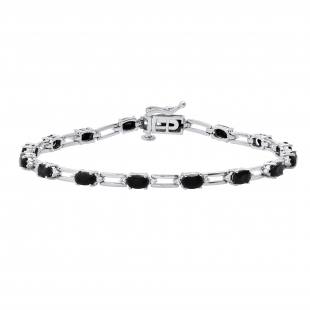 Oval Black & Round White Sapphire Tennis Bracelet for Her in 925 Sterling Silver