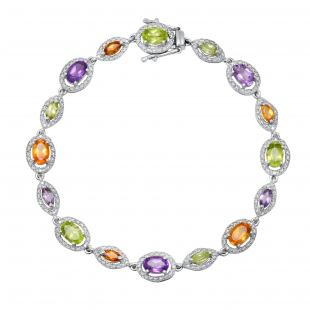 8 & 6X4 mm Oval & Marquise Multi Stone Ladies Bracelet with Round Diamond Accents Sterling Silver