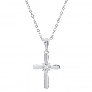 Round Diamond Accent Ladies Looped Cross Flower Pendant, Sterling Silver