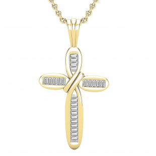 0.25 Carat (ctw) Baguette White Diamond Ladies Religious Cross Pendant 1/4 CT, 14K Yellow Gold