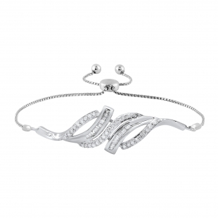 0.25 cttw Baguette & Round White Diamond Swirl Bolo Bracelet for Women in 925 Sterling Silver