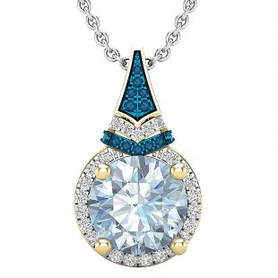 9 MM Round Blue Topaz, Round Blue & White Diamond Ladies Halo Pendant, 18K Yellow Gold