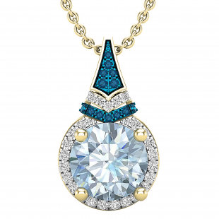 9 MM Round Blue Topaz, Round Blue & White Diamond Ladies Halo Pendant, 10K Yellow Gold