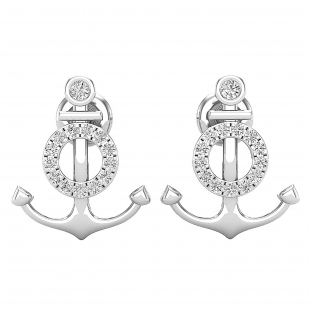 0.14 Carat (ctw) Round White Diamond Ladies Anchor Stud Earrings 14K White Gold