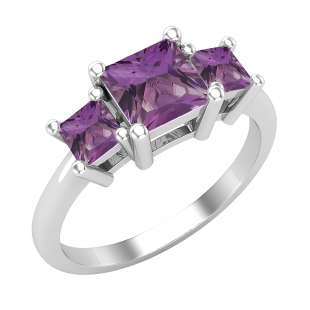 Princess Amethyst Ladies Bridal 3 Stone Engagement Ring Sterling Silver