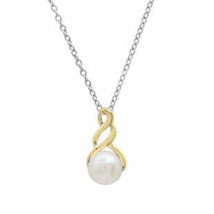 7 MM Round White Freshwater Pearl Ladies Swirl Pendant (Silver Chain Included), 10K Yellow Gold