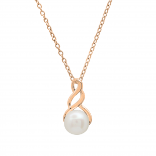 7 MM Round White Freshwater Pearl Ladies Swirl Pendant (Gold Chain Included), 14K Rose Gold