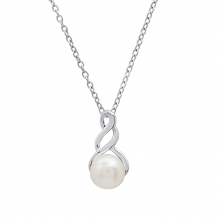 7 MM Round White Freshwater Pearl Ladies Swirl Pendant (Silver Chain Included), Sterling Silver
