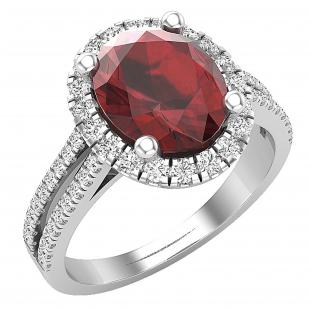 10X8 mm Oval Garnet & Round White Diamond Ladies Halo Style Engagement Ring 10K White Gold