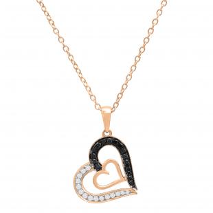 0.30 Carat (ctw) Round Black & White Diamond Ladies Double Heart Pendant 1/3 CT 18K Rose Gold