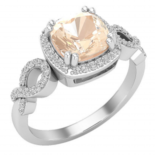 7 mm Cushion Morganite & Round White Diamond Halo Split Shank Engagement Ring Sterling Silver
