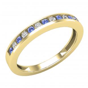 Round Tanzanite & White Diamond Ladies Anniversary Stackable Wedding Band 14K Yellow Gold